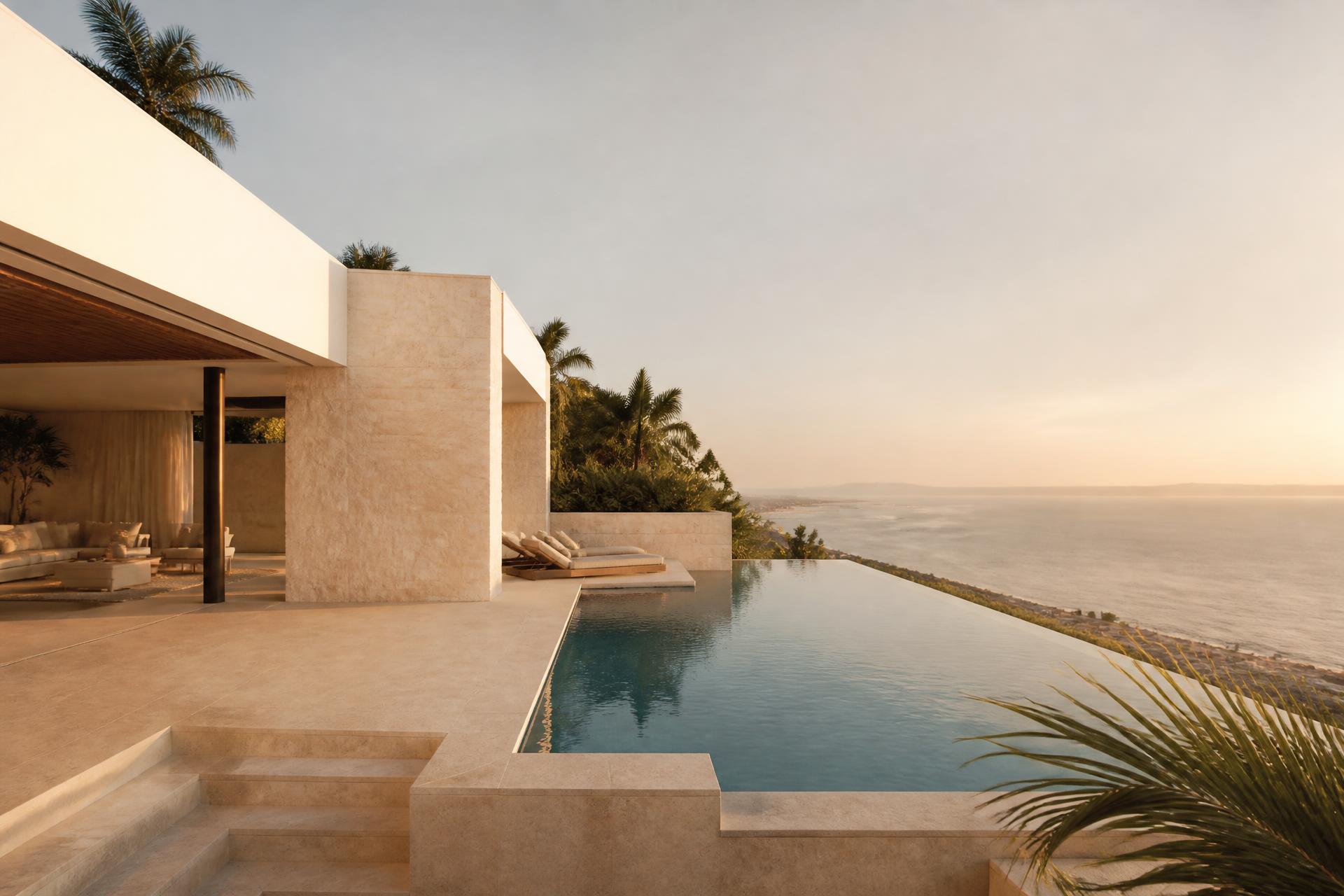 Luxury Marbella villa at golden hour with infinity pool overlooking the sea